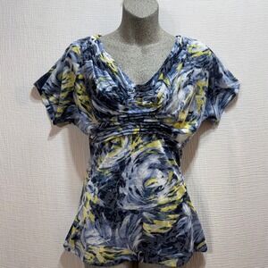 INC International Concepts Ruched V-Neck Top Womens S Blue Yellow Floral Office